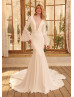 Bell Sleeves Ivory Satin Lace Gorgeous Wedding Dress